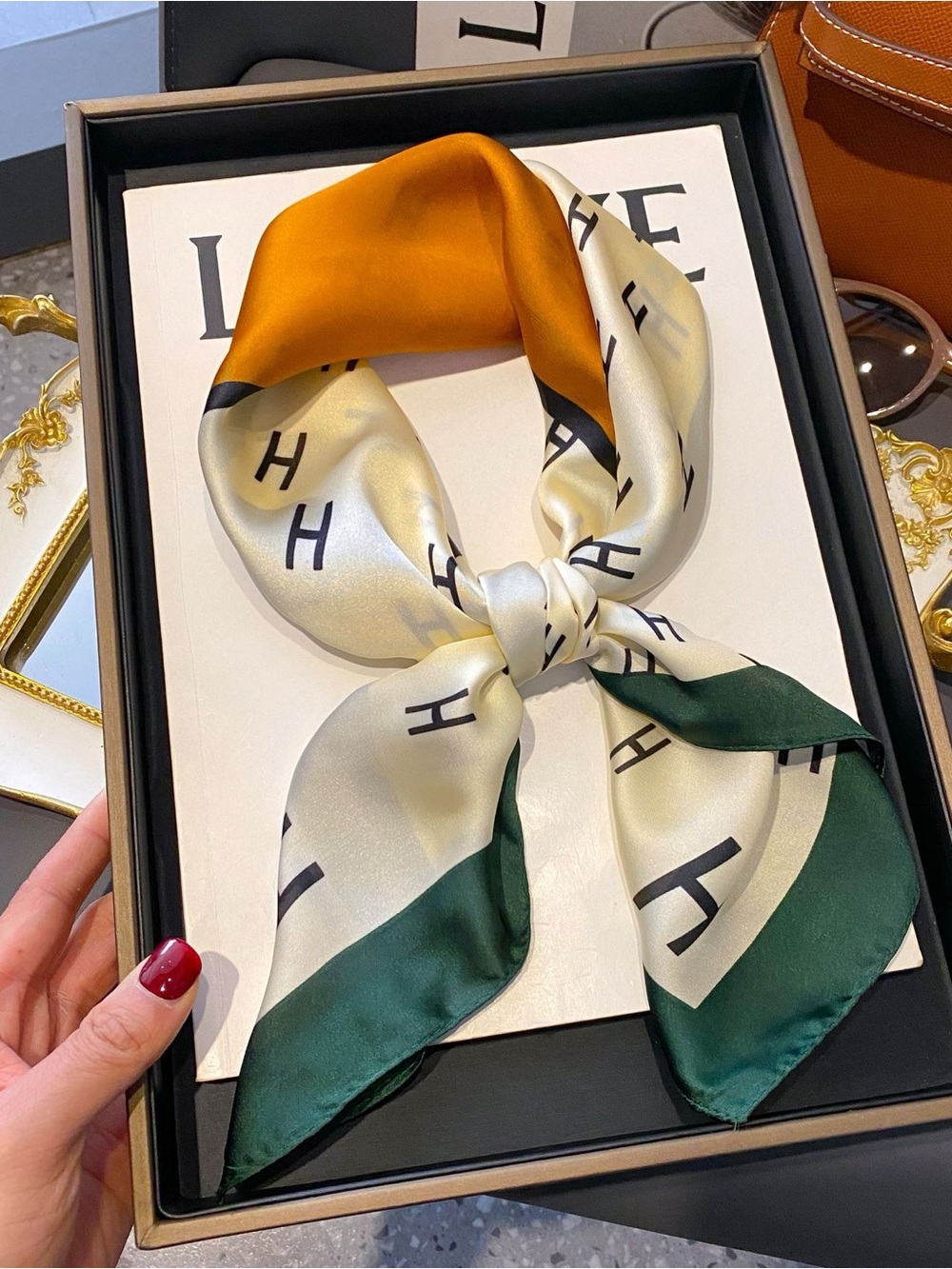 Bundles of 3 Silk Neck Scarf in Orange, Cream & Green
